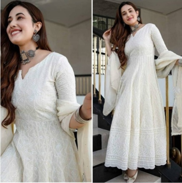Off-White Embellished Readymade Anarkali Dress Online